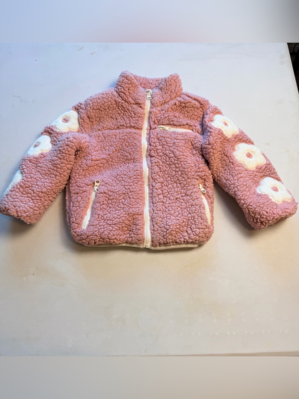 Girls' Pink Sherpa Puffer Jacket with Floral Sleeve Accents